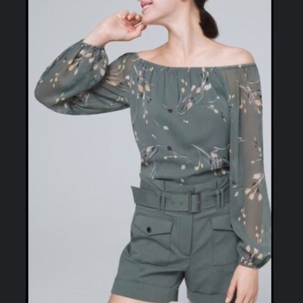 White House Black Market Green Floral Long Sleeve off the shoulder Top Size S